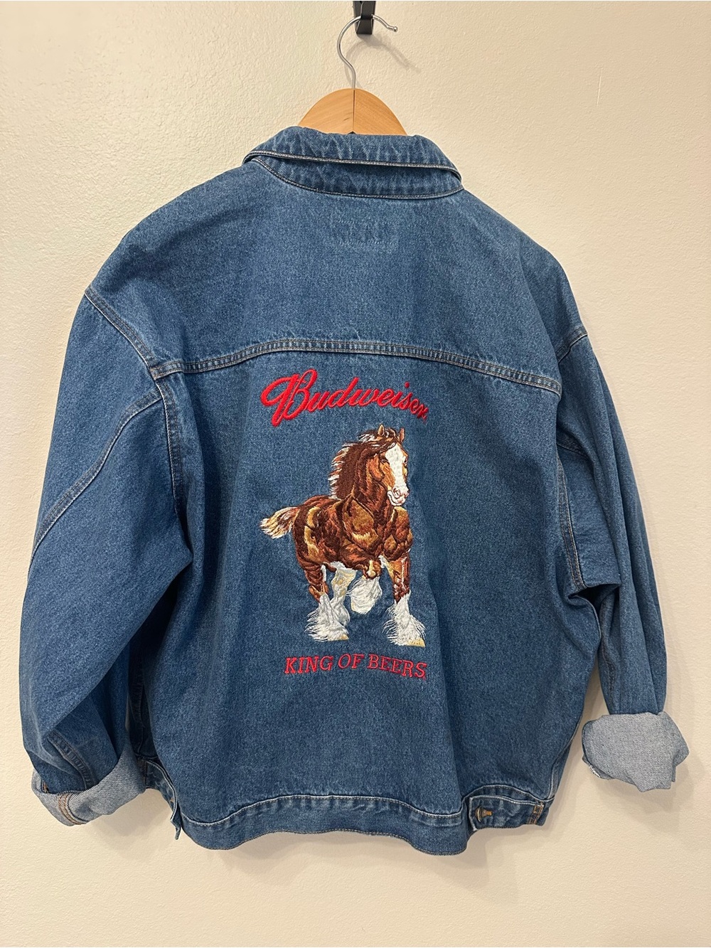 Budweiser Denim Jacket with Embroidered Horse and Red Logo
